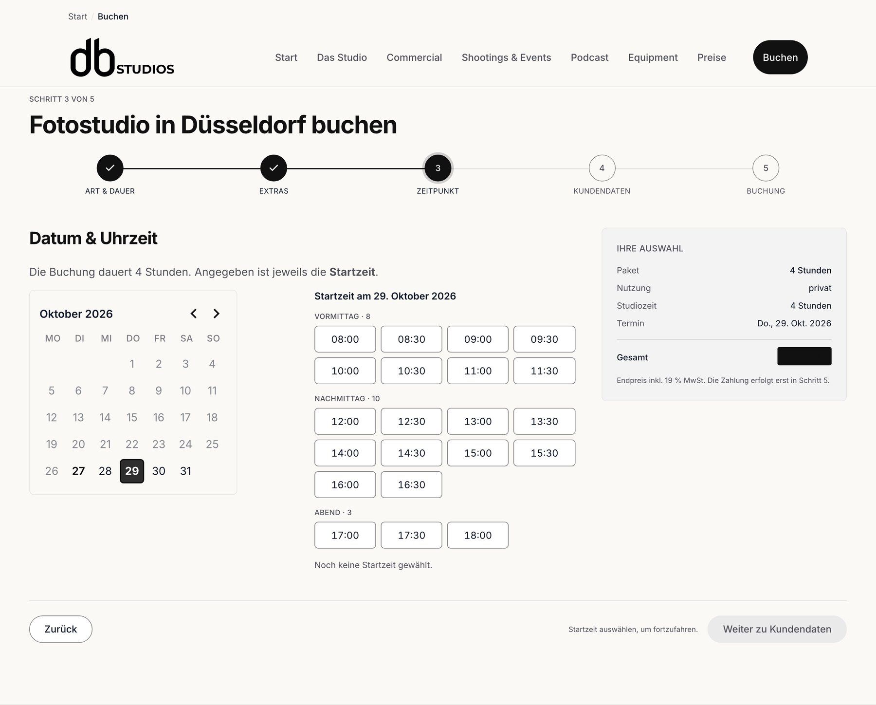 Buchung bei DB Studios, Schritt 3 von 5. Preise geschwärzt.