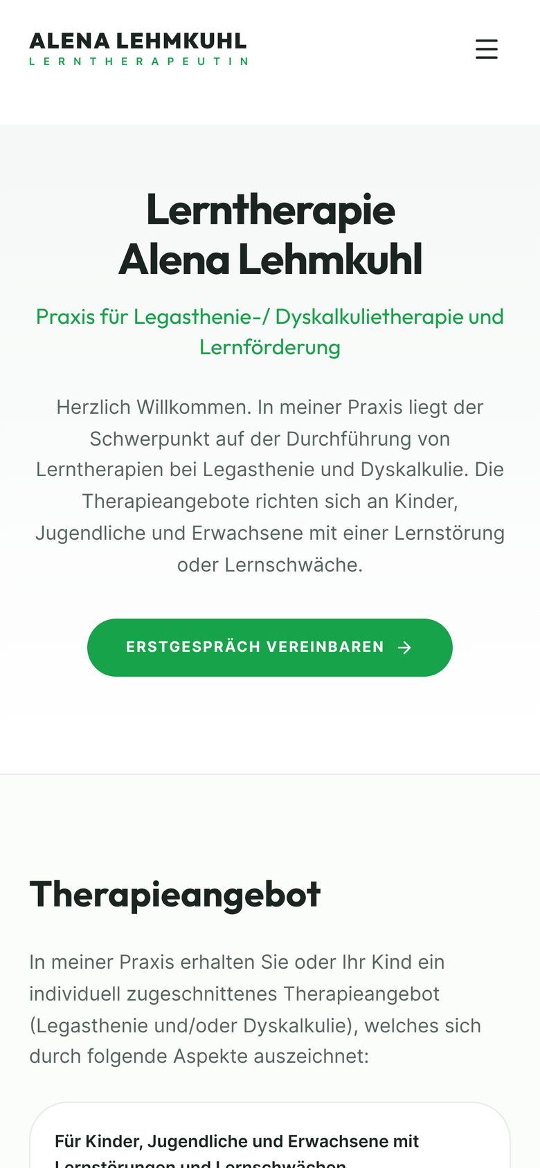 Screenshot lerntherapie-alenalehmkuhl.de auf dem Handy